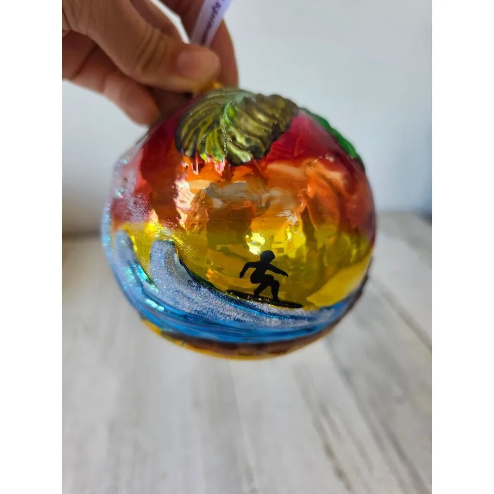 Surfer Hawaiian glass glitter ball ornament‎ remember Xmas tree large unique
